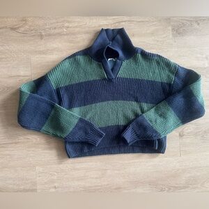 Hollister Womens Rugby Sweater Size XS Blue Green Striped Pullover Cropped Boxy